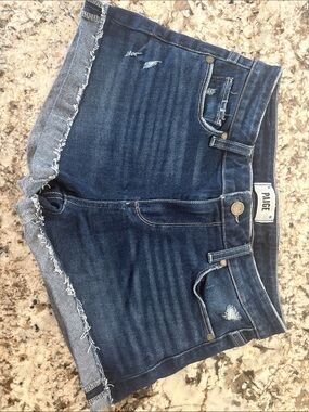 PAIGE Dark Blue Frayed Hem Denim Shorts